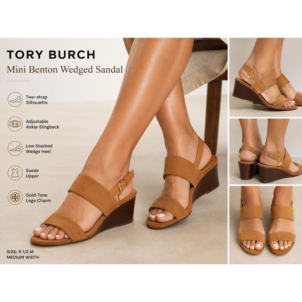 Tory Burch Brown Suede Wedge Sandals Logo Adjustable Ankle Strap Buckle US 9.5 M